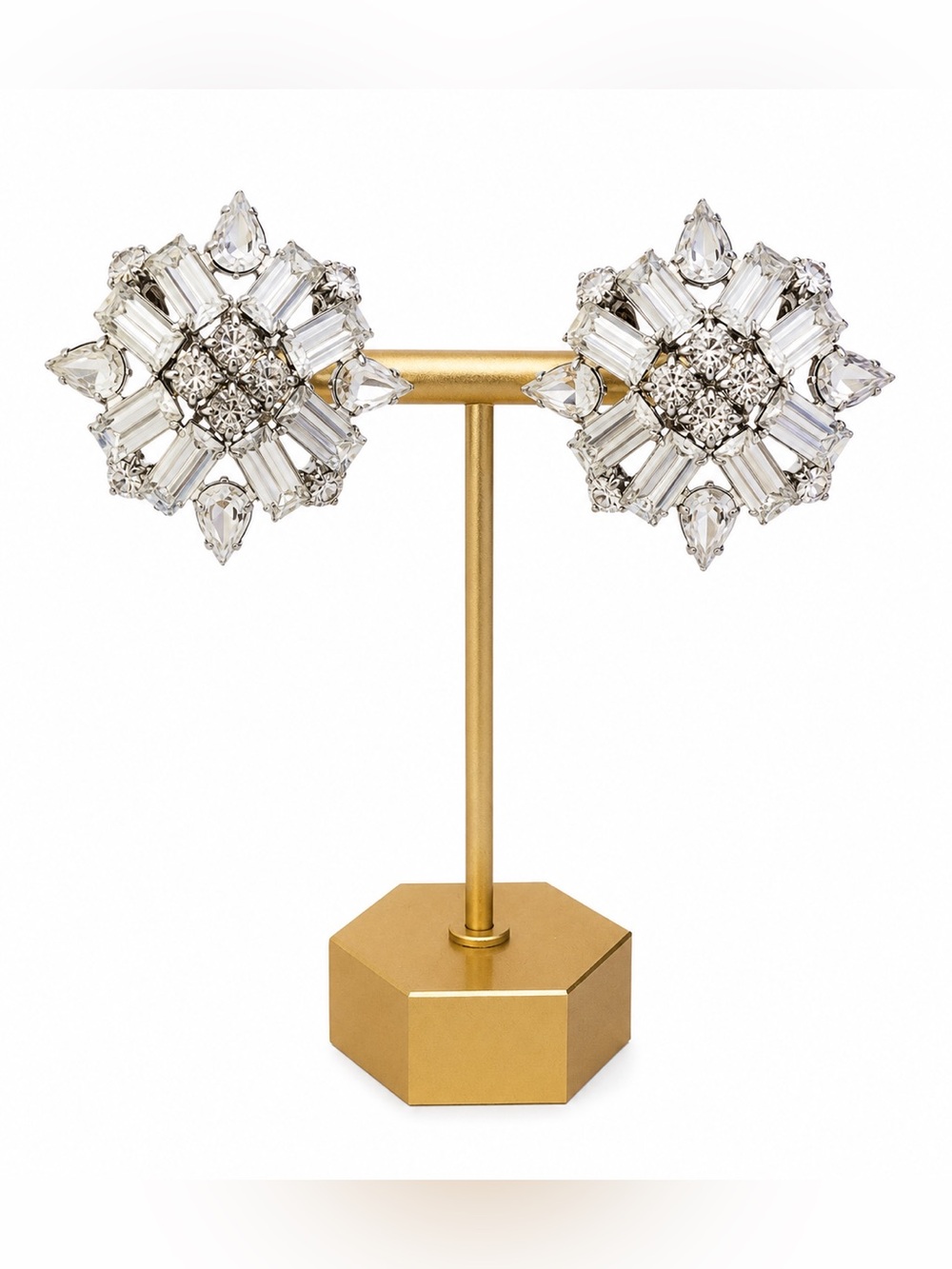 Vintage Clear Crystal Rhinestone Snowflake Starburst Clip-On Earrings
